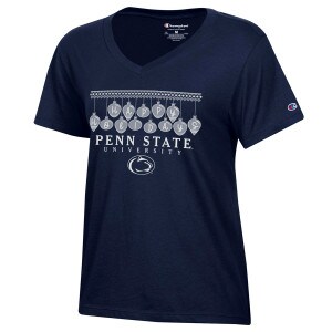 women's navy v-neck short sleeve t-shirt with Happy Holidays, Penn State University, and Athletic Logo